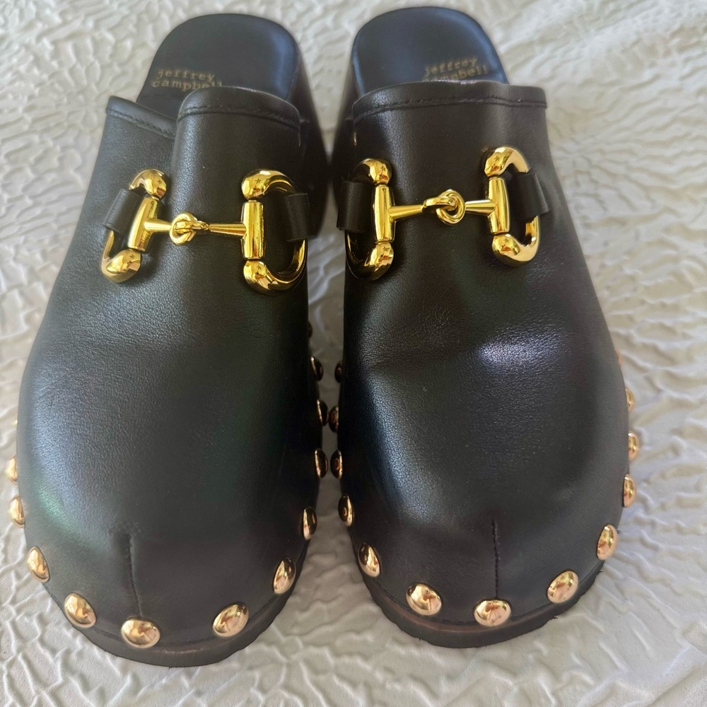 JEFFREY CAMPBELL- Black Mules with Gold Accents